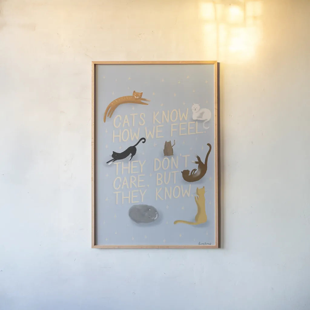 Ode to Cats by Becky Thorns. shown as a paper print in a natural frame. Available as a archival giclee rolled canvas, fine art paper, or poster print. SKU 57368h.