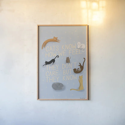 Ode to Cats by Becky Thorns. shown as a paper print in a natural frame. Available as a archival giclee rolled canvas, fine art paper, or poster print. SKU 57368h.