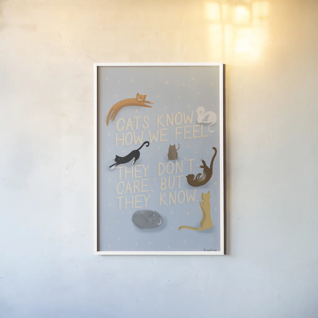 Ode to Cats by Becky Thorns. shown as a paper print in a white frame. Available as a archival giclee rolled canvas, fine art paper, or poster print. SKU 57368h.
