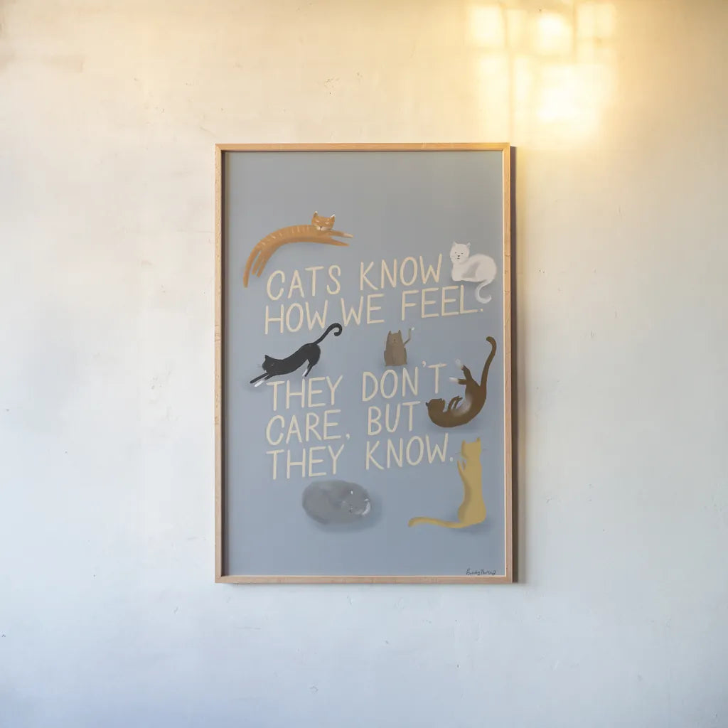 Ode to Cats Dark by Becky Thorns. shown as a paper print in a natural frame. Available as a archival giclee rolled canvas, fine art paper, or poster print. SKU 76156h.