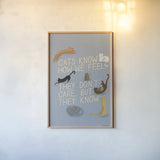 Ode to Cats Dark by Becky Thorns. shown as a paper print in a natural frame. Available as a archival giclee rolled canvas, fine art paper, or poster print. SKU 76156h.