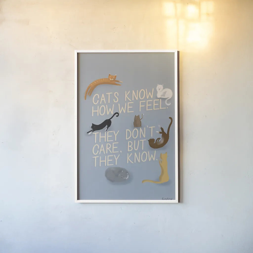 Ode to Cats Dark by Becky Thorns. shown as a paper print in a white frame. Available as a archival giclee rolled canvas, fine art paper, or poster print. SKU 76156h.