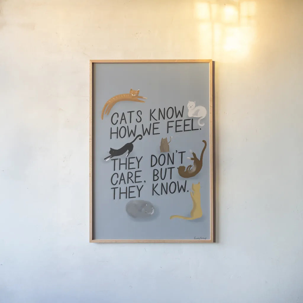 Ode to Cats Dark with Black by Becky Thorns. shown as a paper print in a natural frame. Available as a archival giclee rolled canvas, fine art paper, or poster print. SKU 89049h.