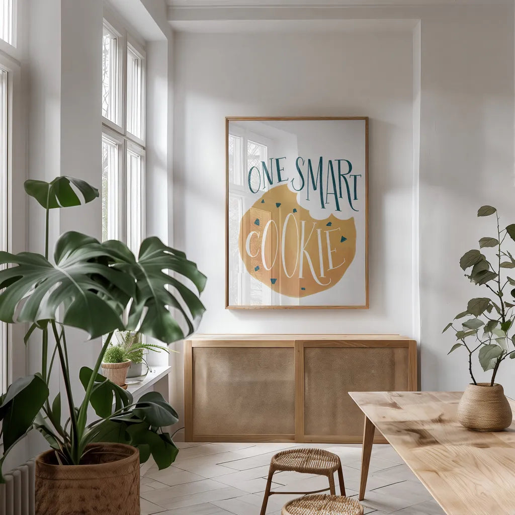One Smart Cookie by Becky Thorns. shown as a print in a natural wood frame in a dining room. Available as a archival giclee rolled canvas, fine art paper, or poster print. SKU 61416h.