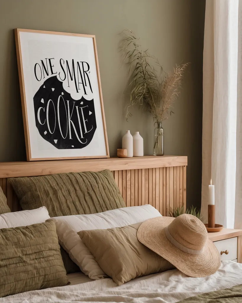 One Smart Cookie BW by Becky Thorns. shown as a paper print in a natural frame. Available as a archival giclee rolled canvas, fine art paper, or poster print. SKU 61417h.