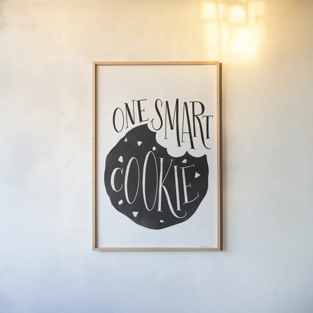 One Smart Cookie BW by Becky Thorns. shown as a paper print in a natural frame. Available as a archival giclee rolled canvas, fine art paper, or poster print. SKU 61417h.