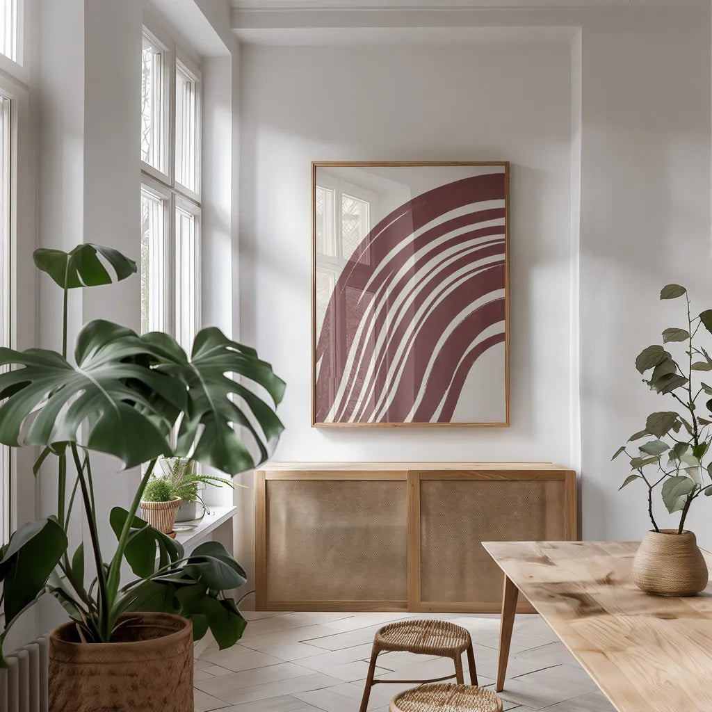 Organic Abstract IV by Becky Thorns. shown as a print in a natural wood frame in a dining room. Available as a archival giclee rolled canvas, fine art paper, or poster print. SKU 88303h.