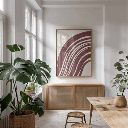 Organic Abstract IV by Becky Thorns. shown as a print in a natural wood frame in a dining room. Available as a archival giclee rolled canvas, fine art paper, or poster print. SKU 88303h.