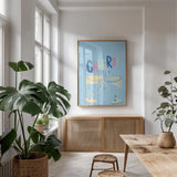 Party Time II by Becky Thorns. shown as a print in a natural wood frame in a dining room. Available as a archival giclee rolled canvas, fine art paper, or poster print. SKU 88318h.
