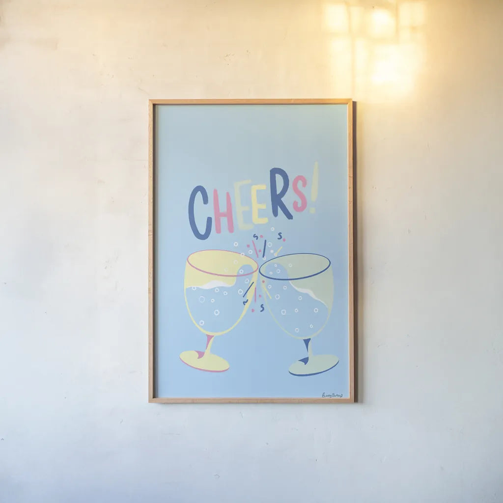 Party Time II by Becky Thorns. shown as a paper print in a natural frame. Available as a archival giclee rolled canvas, fine art paper, or poster print. SKU 88318h.