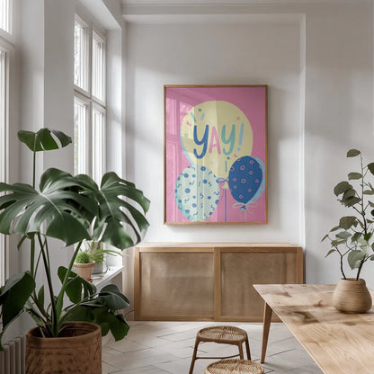 Party Time IV by Becky Thorns. shown as a print in a natural wood frame in a dining room. Available as a archival giclee rolled canvas, fine art paper, or poster print. SKU 88320h.