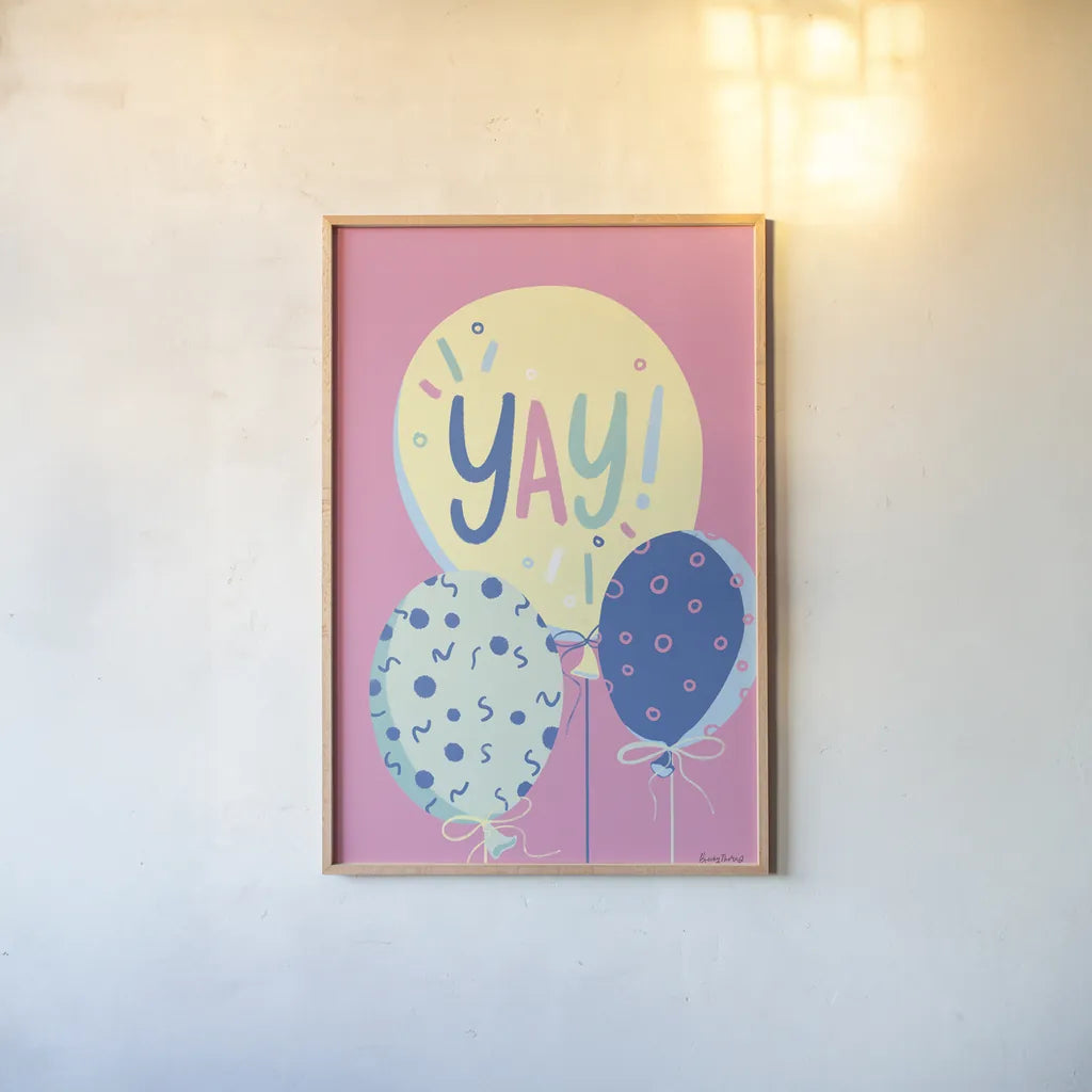 Party Time IV by Becky Thorns. shown as a paper print in a natural frame. Available as a archival giclee rolled canvas, fine art paper, or poster print. SKU 88320h.