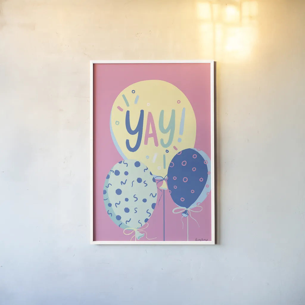 Party Time IV by Becky Thorns. shown as a paper print in a white frame. Available as a archival giclee rolled canvas, fine art paper, or poster print. SKU 88320h.