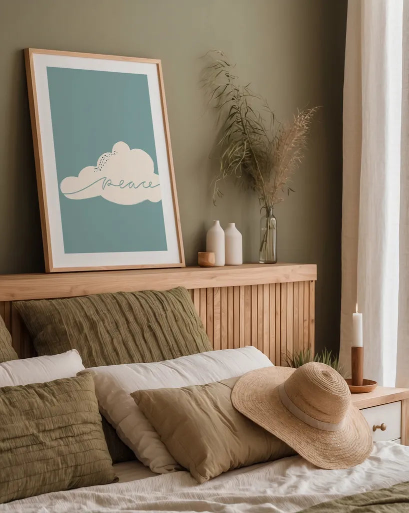 Peaceful I by Becky Thorns. shown as a paper print in a natural frame. Available as a archival giclee rolled canvas, fine art paper, or poster print. SKU 71108h.