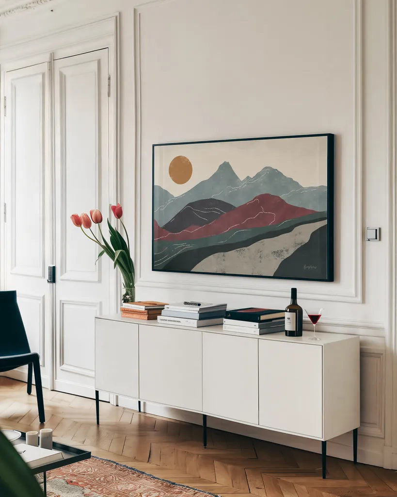 Peru Trails by Becky Thorns. shown as a framed stretched canvas in a living room above a console. Available as a archival giclee rolled canvas, fine art paper, or poster print. SKU 77161i.