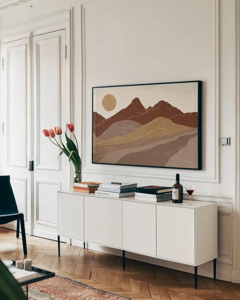 Peru Trails Neutral by Becky Thorns. shown as a framed stretched canvas in a living room above a console. Available as a archival giclee rolled canvas, fine art paper, or poster print. SKU 78561i.