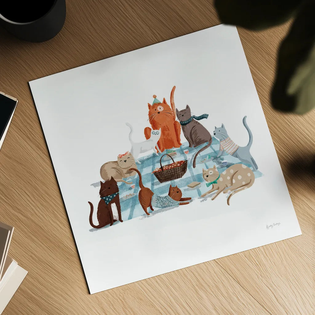 Picnic Pets Cats I by Becky Thorns. Shown as a detailed flat fine art print, highlighting archival giclee quality. Available as an archival giclee rolled canvas, fine art paper, or poster print. SKU 61398a.