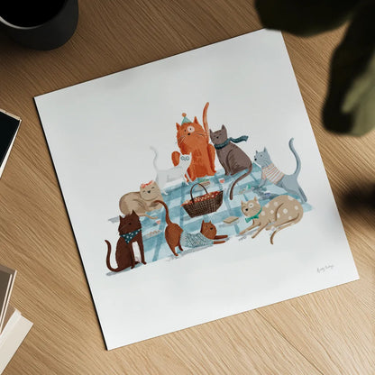 Picnic Pets Cats I by Becky Thorns. Shown as a detailed flat fine art print, highlighting archival giclee quality. Available as an archival giclee rolled canvas, fine art paper, or poster print. SKU 61398a.