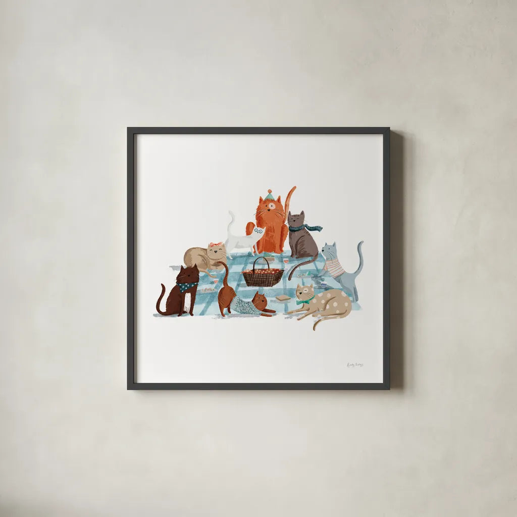 Picnic Pets Cats I by Becky Thorns. Shown in a sleek black glass frame for a contemporary gallery look. Available as an archival giclee rolled canvas, fine art paper, or poster print. SKU 61398a.