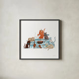 Picnic Pets Cats I by Becky Thorns. Shown in a sleek black glass frame for a contemporary gallery look. Available as an archival giclee rolled canvas, fine art paper, or poster print. SKU 61398a.