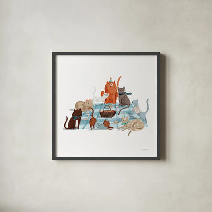 Picnic Pets Cats I by Becky Thorns. Shown in a sleek black glass frame for a contemporary gallery look. Available as an archival giclee rolled canvas, fine art paper, or poster print. SKU 61398a.