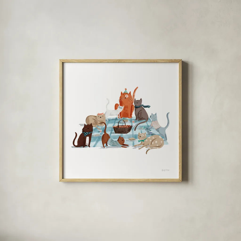 Picnic Pets Cats I by Becky Thorns. Shown in a natural wood glass frame for a timeless modern aesthetic. Available as an archival giclee rolled canvas, fine art paper, or poster print. SKU 61398a.