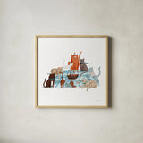Picnic Pets Cats I by Becky Thorns. Shown in a natural wood glass frame for a timeless modern aesthetic. Available as an archival giclee rolled canvas, fine art paper, or poster print. SKU 61398a.