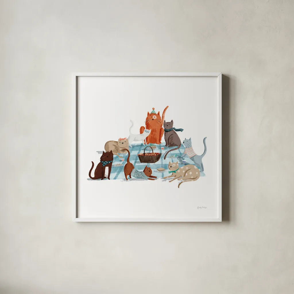 Picnic Pets Cats I by Becky Thorns. Shown in a crisp white glass frame for a clean and minimalist style. Available as an archival giclee rolled canvas, fine art paper, or poster print. SKU 61398a.