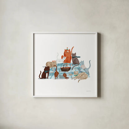 Picnic Pets Cats I by Becky Thorns. Shown in a crisp white glass frame for a clean and minimalist style. Available as an archival giclee rolled canvas, fine art paper, or poster print. SKU 61398a.
