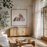 Picnic Pets Cats I by Becky Thorns. Shown in a natural wood frame in a cozy modern living room. Available as an archival giclee rolled canvas, fine art paper, or poster print. SKU 61398a.