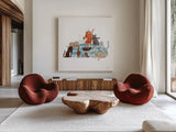 Picnic Pets Cats I by Becky Thorns. Shown as extra-large giant wall art in a modern living room. Available as an archival giclee rolled canvas, fine art paper, or poster print. SKU 61398a.