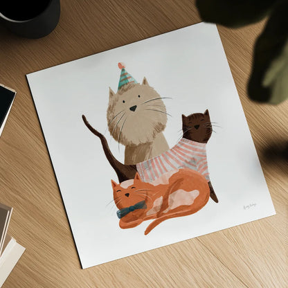 Picnic Pets Cats II by Becky Thorns. Shown as a detailed flat fine art print, highlighting archival giclee quality. Available as an archival giclee rolled canvas, fine art paper, or poster print. SKU 61399a.