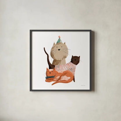 Picnic Pets Cats II by Becky Thorns. Shown in a sleek black glass frame for a contemporary gallery look. Available as an archival giclee rolled canvas, fine art paper, or poster print. SKU 61399a.