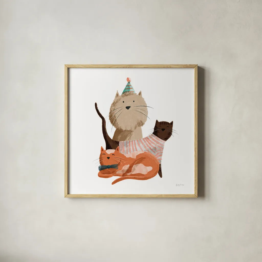 Picnic Pets Cats II by Becky Thorns. Shown in a natural wood glass frame for a timeless modern aesthetic. Available as an archival giclee rolled canvas, fine art paper, or poster print. SKU 61399a.