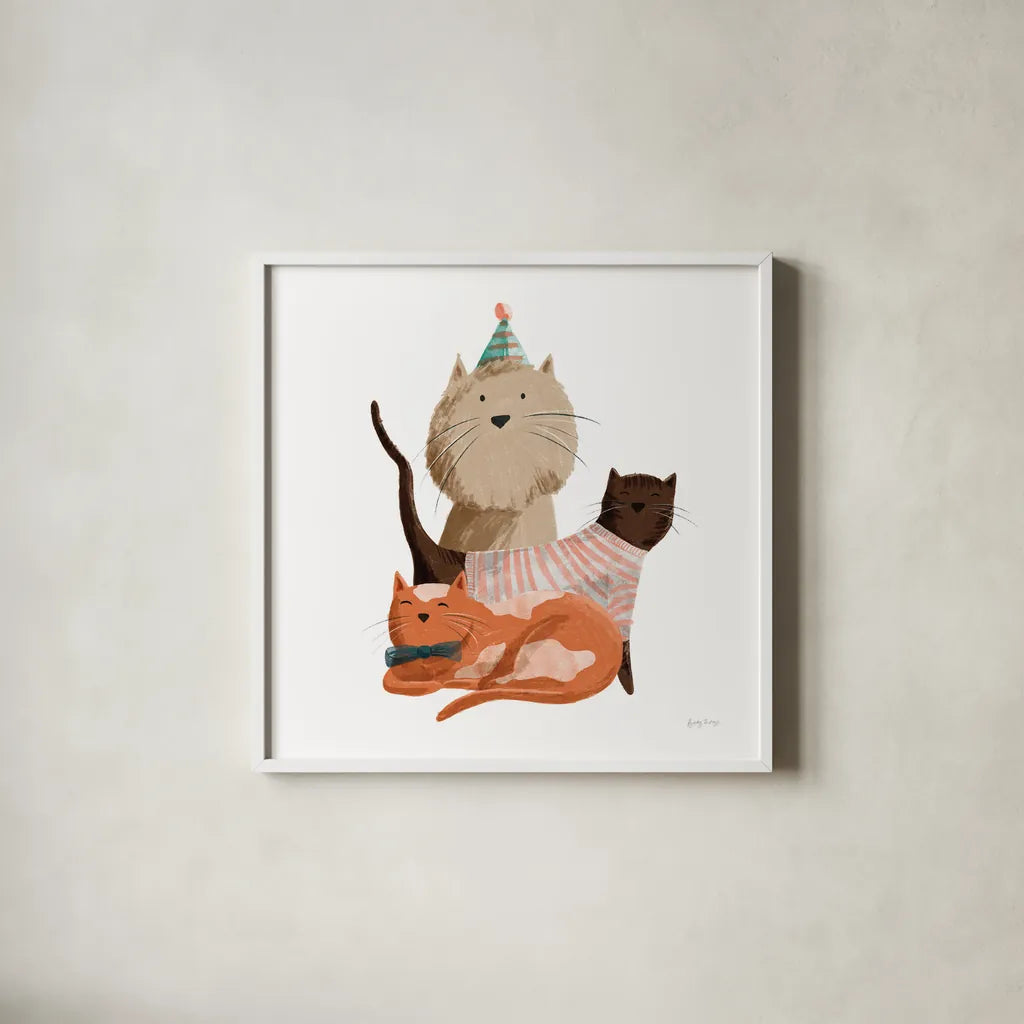 Picnic Pets Cats II by Becky Thorns. Shown in a crisp white glass frame for a clean and minimalist style. Available as an archival giclee rolled canvas, fine art paper, or poster print. SKU 61399a.