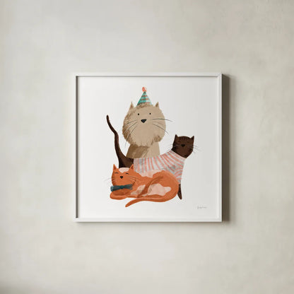 Picnic Pets Cats II by Becky Thorns. Shown in a crisp white glass frame for a clean and minimalist style. Available as an archival giclee rolled canvas, fine art paper, or poster print. SKU 61399a.