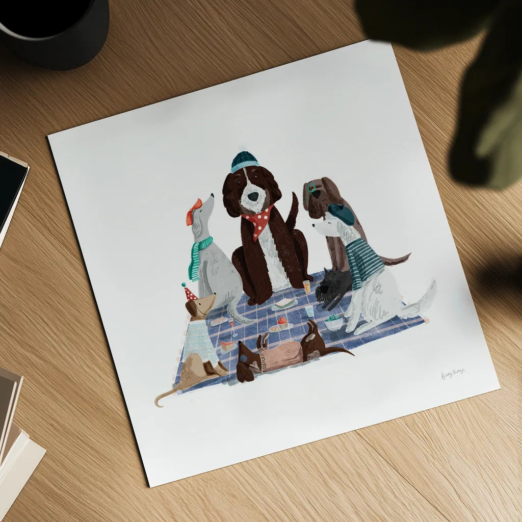 Picnic Pets Dogs I by Becky Thorns. Shown as a detailed flat fine art print, highlighting archival giclee quality. Available as an archival giclee rolled canvas, fine art paper, or poster print. SKU 61401a.
