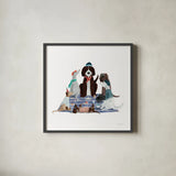 Picnic Pets Dogs I by Becky Thorns. Shown in a sleek black glass frame for a contemporary gallery look. Available as an archival giclee rolled canvas, fine art paper, or poster print. SKU 61401a.