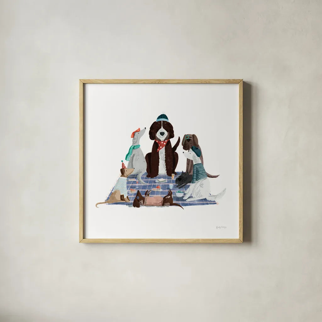 Picnic Pets Dogs I by Becky Thorns. Shown in a natural wood glass frame for a timeless modern aesthetic. Available as an archival giclee rolled canvas, fine art paper, or poster print. SKU 61401a.