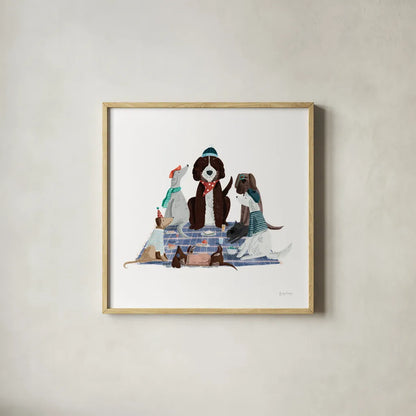 Picnic Pets Dogs I by Becky Thorns. Shown in a natural wood glass frame for a timeless modern aesthetic. Available as an archival giclee rolled canvas, fine art paper, or poster print. SKU 61401a.