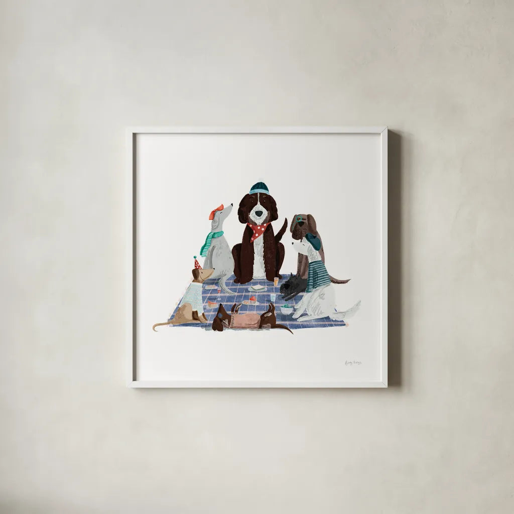 Picnic Pets Dogs I by Becky Thorns. Shown in a crisp white glass frame for a clean and minimalist style. Available as an archival giclee rolled canvas, fine art paper, or poster print. SKU 61401a.