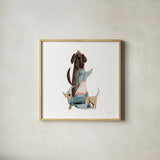 Picnic Pets Dogs II by Becky Thorns. Shown in a natural wood glass frame for a timeless modern aesthetic. Available as an archival giclee rolled canvas, fine art paper, or poster print. SKU 61402a.