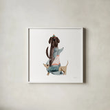 Picnic Pets Dogs II by Becky Thorns. Shown in a crisp white glass frame for a clean and minimalist style. Available as an archival giclee rolled canvas, fine art paper, or poster print. SKU 61402a.