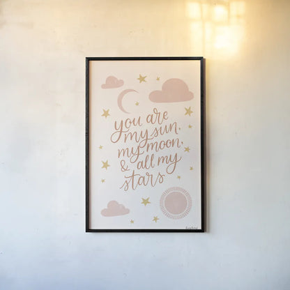 Pink Celestial Boho I by Becky Thorns. shown as a paper print in a black flame. Available as a archival giclee rolled canvas, fine art paper, or poster print. SKU 70988h.