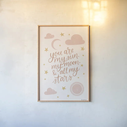 Pink Celestial Boho I by Becky Thorns. shown as a paper print in a natural frame. Available as a archival giclee rolled canvas, fine art paper, or poster print. SKU 70988h.