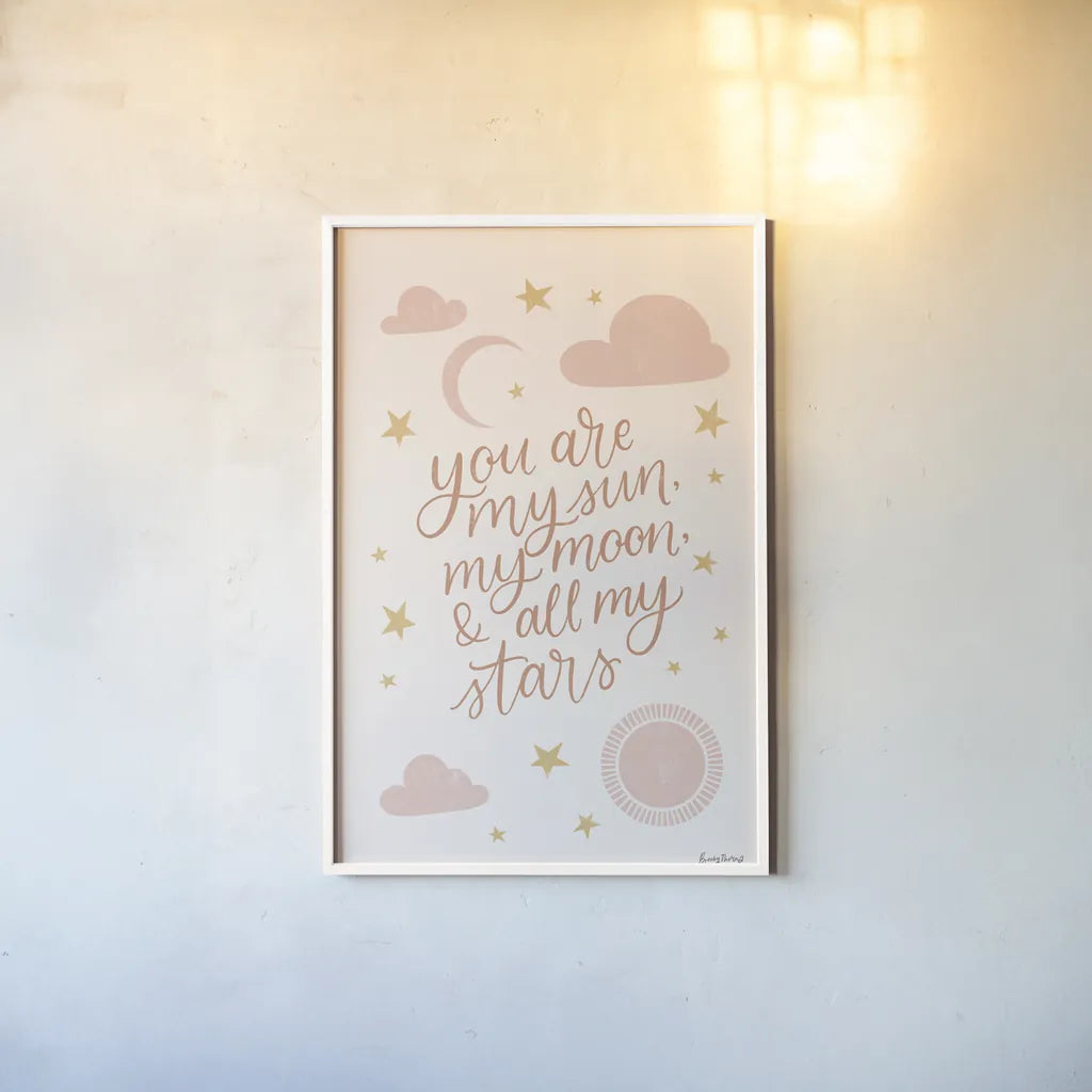 Pink Celestial Boho I by Becky Thorns. shown as a paper print in a white frame. Available as a archival giclee rolled canvas, fine art paper, or poster print. SKU 70988h.