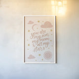 Pink Celestial Boho I by Becky Thorns. shown as a paper print in a white frame. Available as a archival giclee rolled canvas, fine art paper, or poster print. SKU 70988h.
