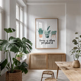 Plant It by Becky Thorns. shown as a print in a natural wood frame in a dining room. Available as a archival giclee rolled canvas, fine art paper, or poster print. SKU 65071h.
