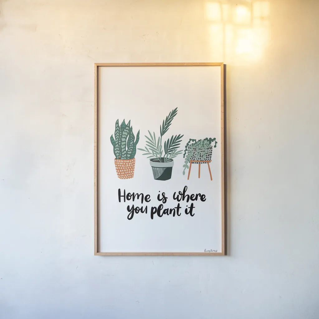 Plant It by Becky Thorns. shown as a paper print in a natural frame. Available as a archival giclee rolled canvas, fine art paper, or poster print. SKU 65071h.