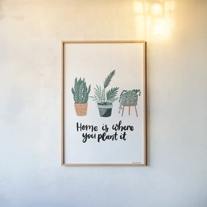 Plant It by Becky Thorns. shown as a paper print in a natural frame. Available as a archival giclee rolled canvas, fine art paper, or poster print. SKU 65071h.